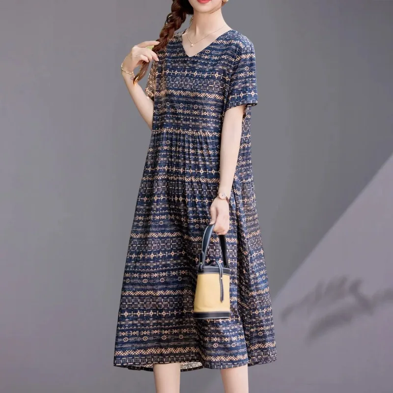 Damen V-Ausschnitt Kurzarm Baumwoll-Leinen-Kleid Sommer Ethno-Geometrischer Druck Locker Lässiges Midikleid für Mütter mit Bauchkontrolle