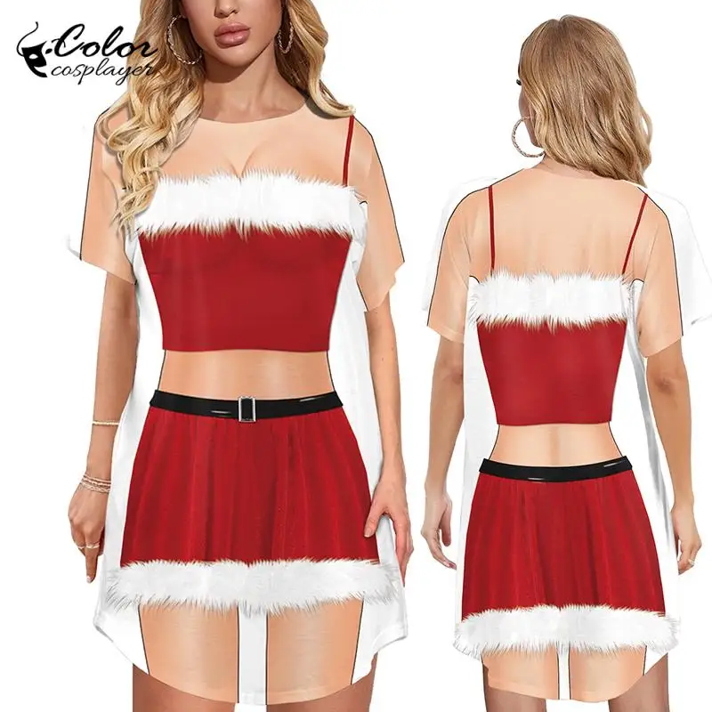 Color Cosplayer Christmas Dress Fake Two Pieces Cosplay Costume Funny Santa Claus Clothing Short Sleeve Outfit Femal Clothes