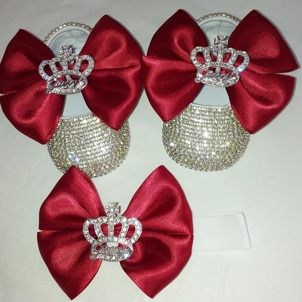 Handmade Bow Luxury Rhinestones Baby Girl Shoes Hairband First Walker Sparkle Bling Crystals Princess Shoes Shower Gift