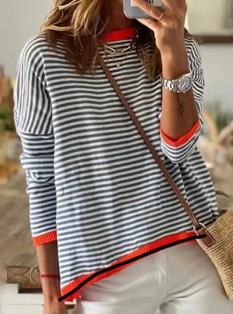 

Women's Casual Top Plain Long Sleeve Striped Color Blocked Sweater Ladies Casual Long Sleeved Women Pullovers Top Clothing
