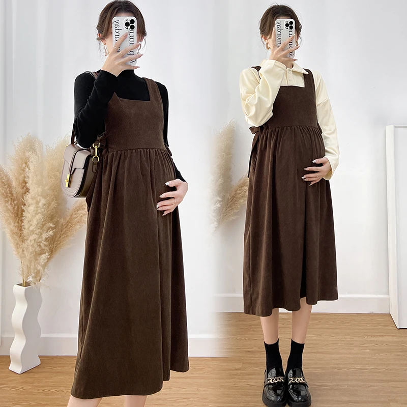 

2024 Winter Pregnant Woman Clothes Set Preppy Style Long Sleeve Sweater/hoodies Strap Corduroy Dress Maternity Two Pieces Set