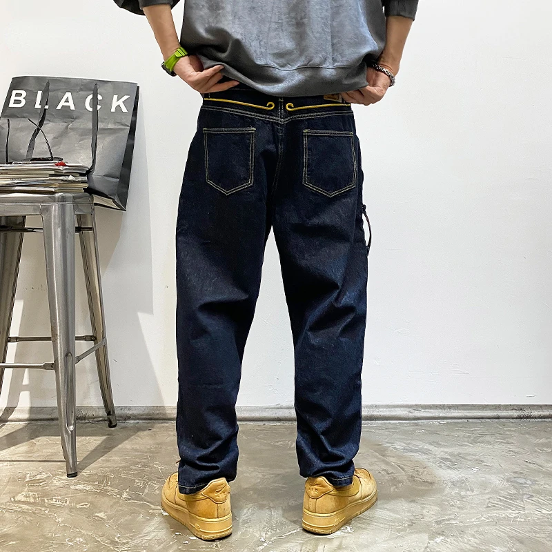 

Casual Straight Jeans Japanese Streetwear Loose Cargo Pants Harajuku High Quality Blue Denim Trousers Men Clothing