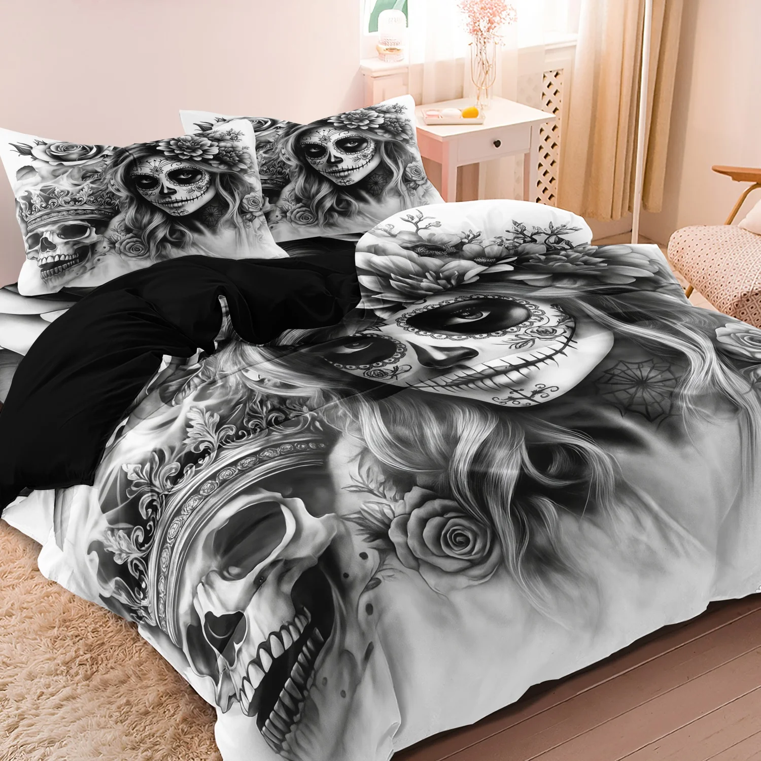 3Pcs Gothic Skull Queen Print Duvet Cover Set, Black White Floral Print Bedding Set, For Family Bedrooms Dormitories Hotels