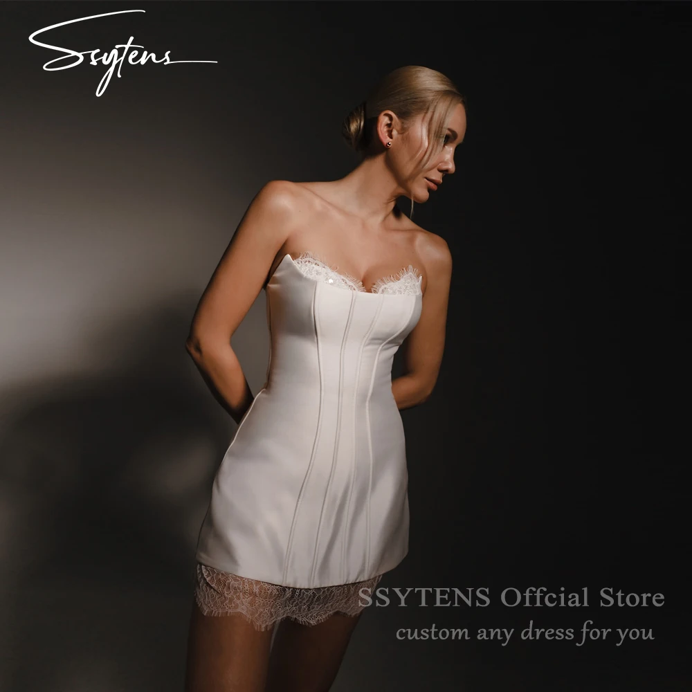 

SSYTENS White Satin Wedding Dresses After Party Short Bridal Gowns Lace Bride Gowns Mini Formal Party Gowns vestidos de novia