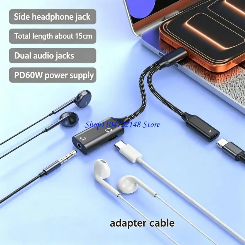 P9FA MultiFunction USB C To 3.5Mm Music Converter Supports PD60W Quick Charging For Mobile Devices Headphone Music Adapter
