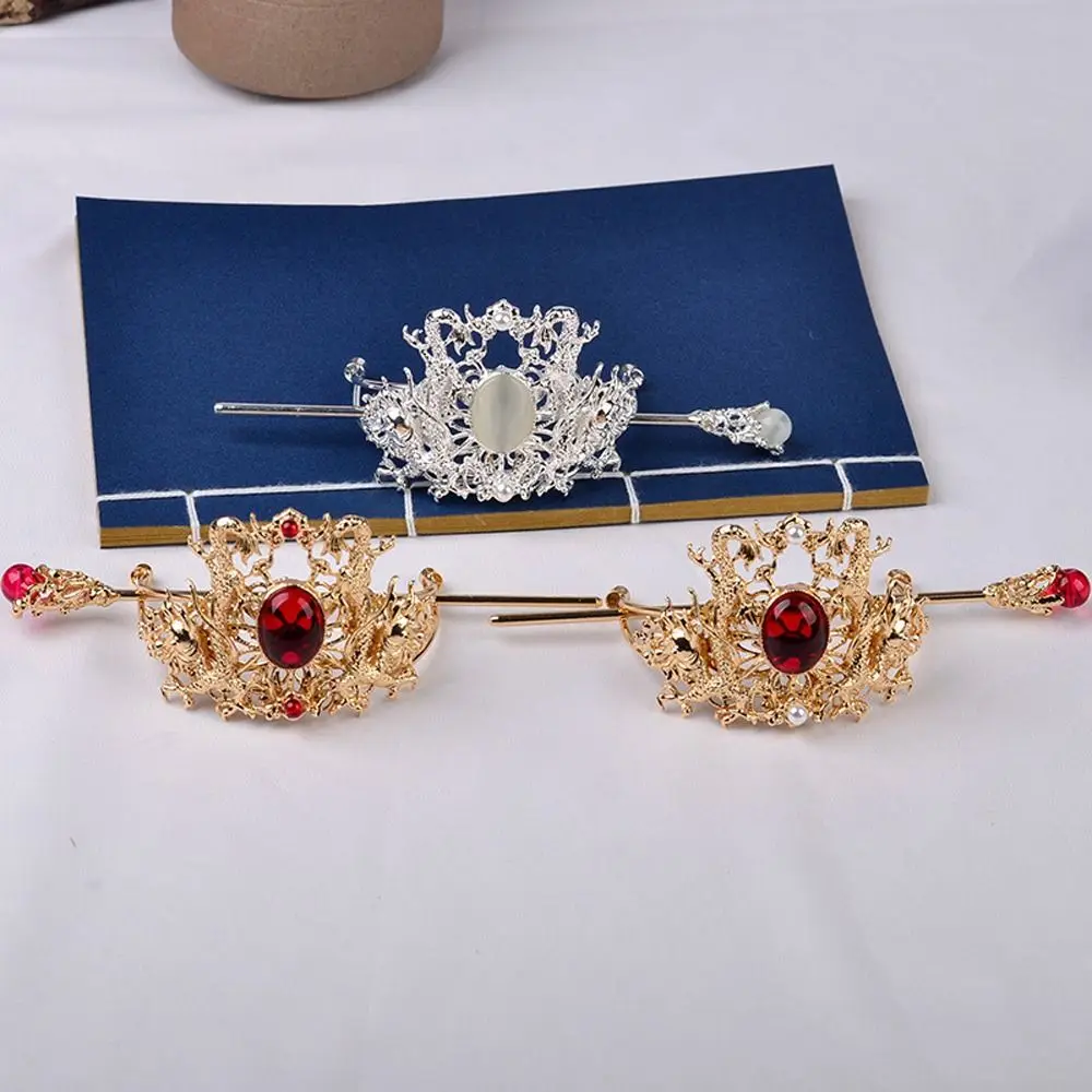 Chinese Style Luxury Crystal Pearl Hair Crown Vintage Hollow Geometric Alloy Hair Stick for Women Girls Hanfu Headwear