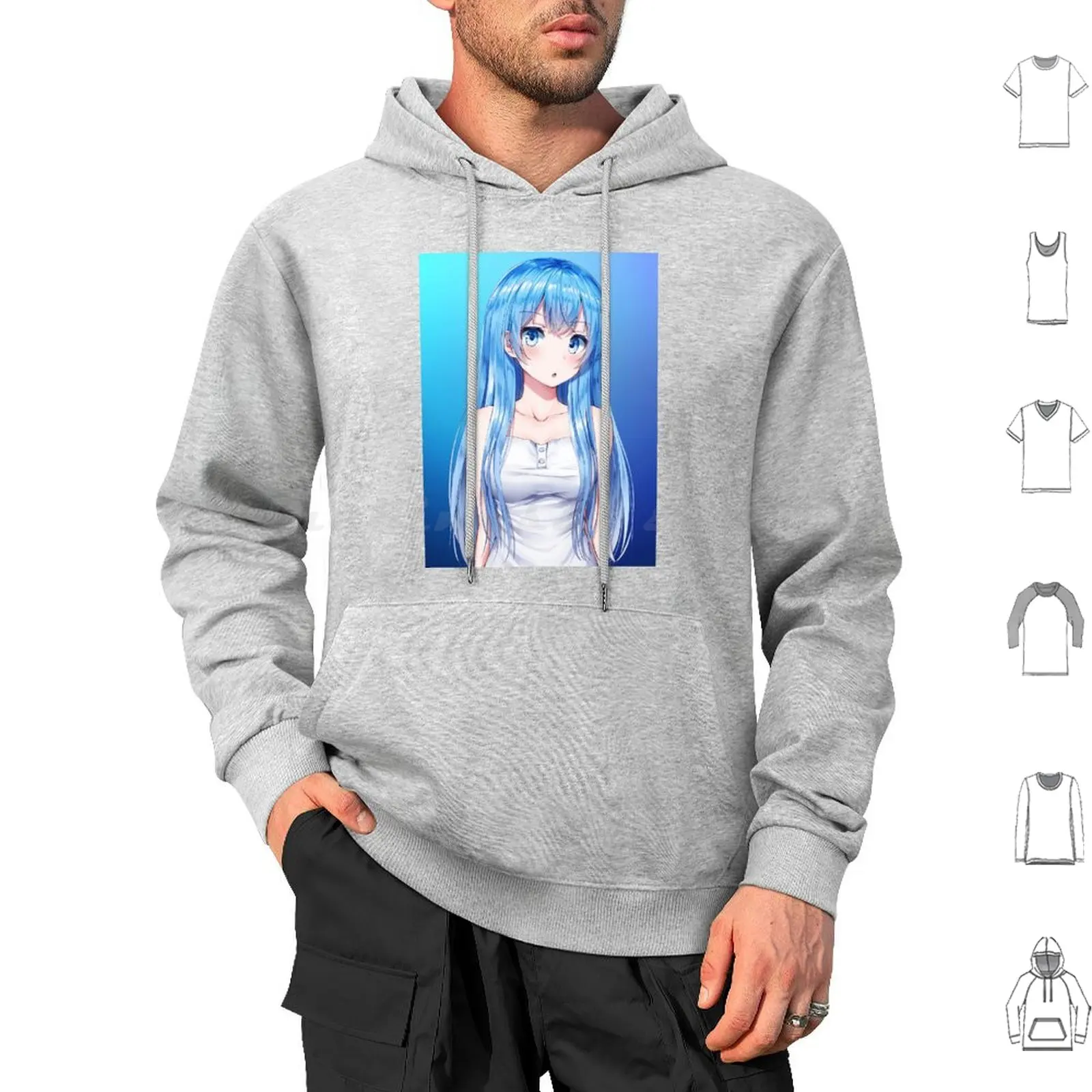 Hoodie cotton Long Sleeve Anime Girl Anime Girl Blue Hair Blue Blue Eyes Blue Eye Anime Eyes