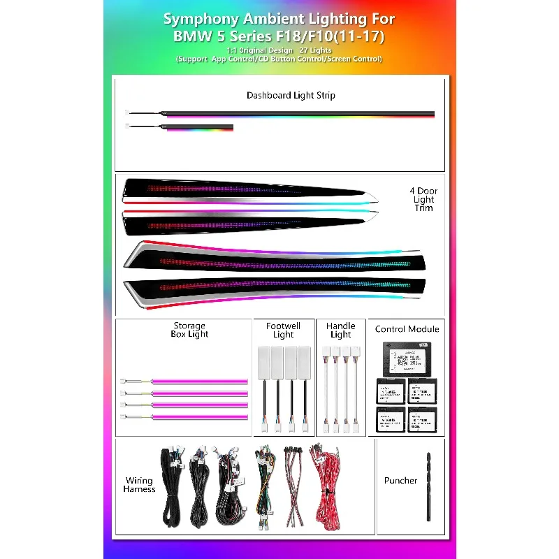 

64-Color LHD/RHD F10 Ambient Lighting Upgrade Kit for BMW 5 Series 2011-2017 Automotive Interior Light Emitting Diode