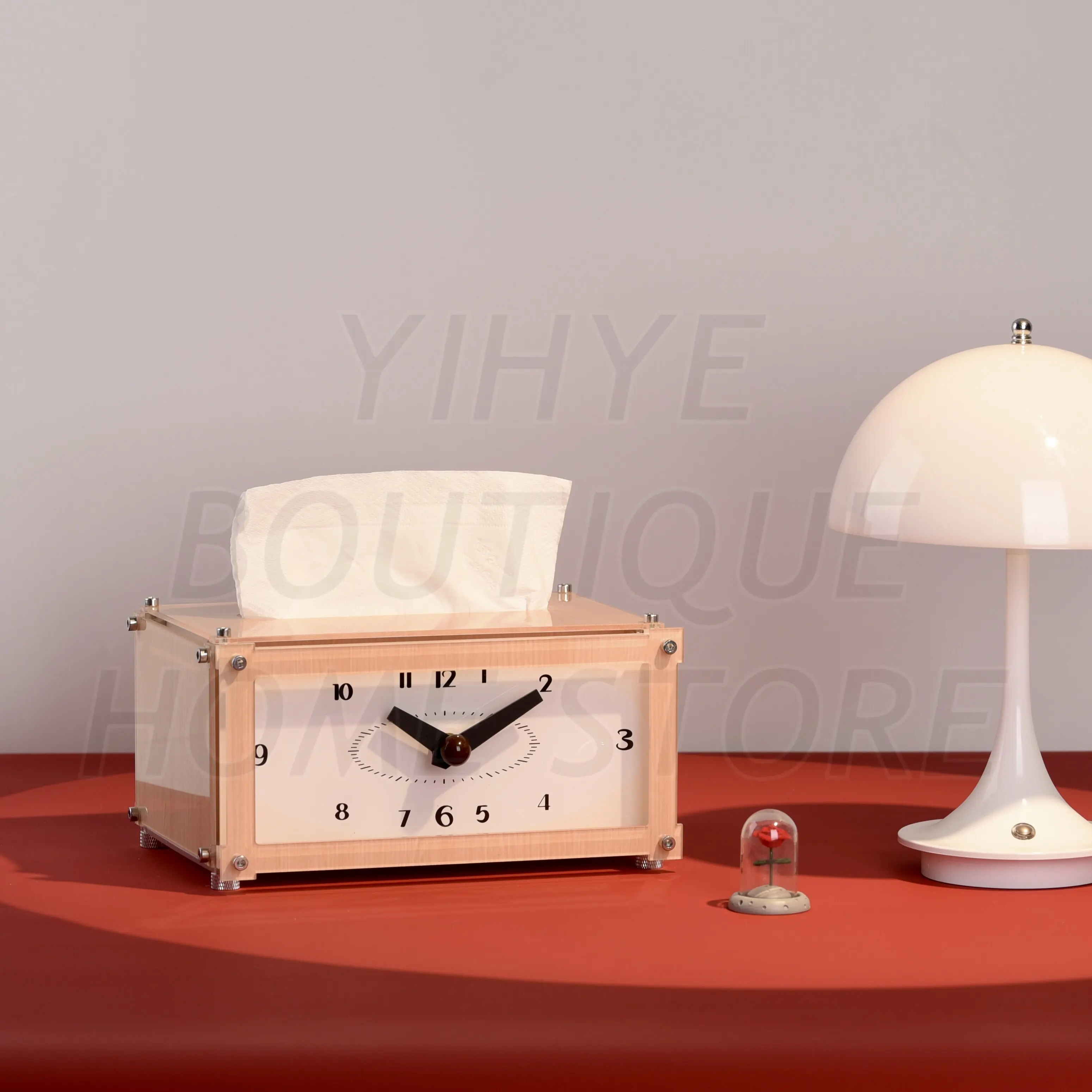

Log Style Creative Desktop Clock, Table Decoration Time Ornament ，Multifunctional Bedside Tissue Box with Table Clock