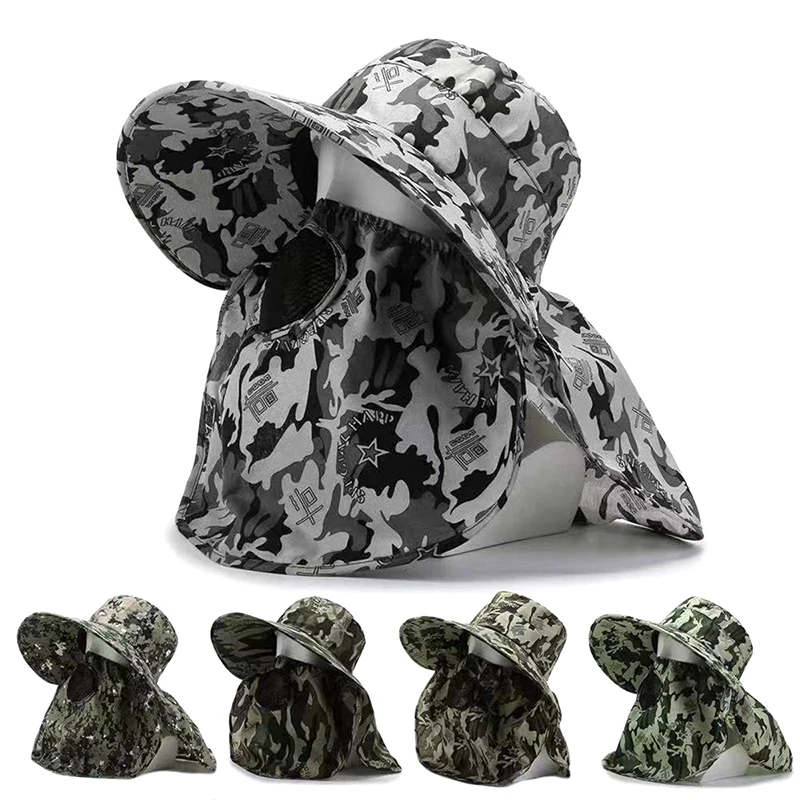 

Camouflage Fishing Hat With Mask Summer UV Shading Neck Protection Wide Brim Sun Cap Hiking Mountaineering Hunting Face Covering