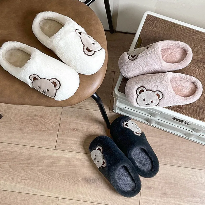 Home Slipper Womens Teddy Bear flip flops Winter Warm Cartoon Kawaii Plush Indoor House Shoes Flat Funny Fuzzy Female slides