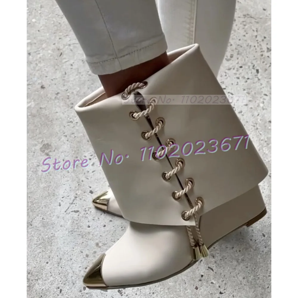 

Metal Pointy White Wedge Ankle Boots Women Trends Turned-over Edge Spring Slouch Shoes Female Cross-tied Free Shipping Boots