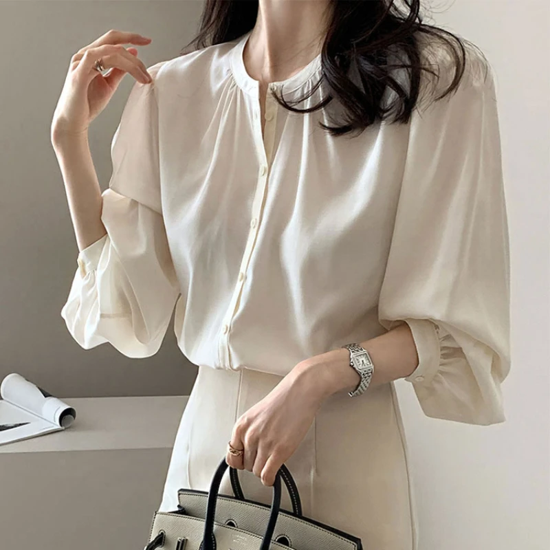 

REALEFT Spring Summer Lantern Sleeve Women's Blouses 2025 O-neck Single Breasted Solid Korean Casual Long Sleeve Shirts Female
