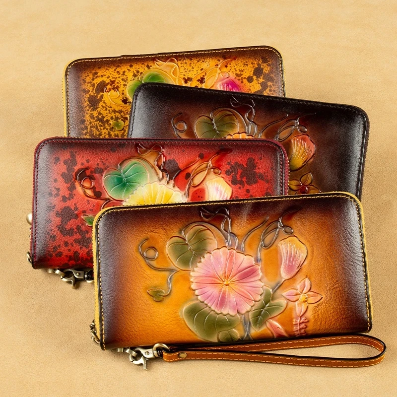 MOTAORA-Portefeuille en cuir véritable fait à la main pour femme, porte-cartes à fleurs, pince à billets vintage, portefeuilles longs pour femme, nouveau