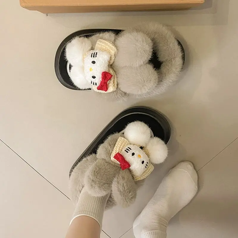 Hello Kitty Anime Kawaii MINISO Lovely Doll Snow Boots Female Cute Cartoon Plus Fleece Cotton Shoes Lovely Gifts for Girls