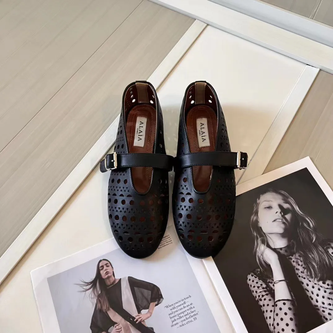 Ins Top Blogger Favorite Fishnet Leather Flat Mules French High-end Elegant Pointed-Toe T-Strap Mary Jane Ballet Shoes Luxury Breathable Summer Sandals