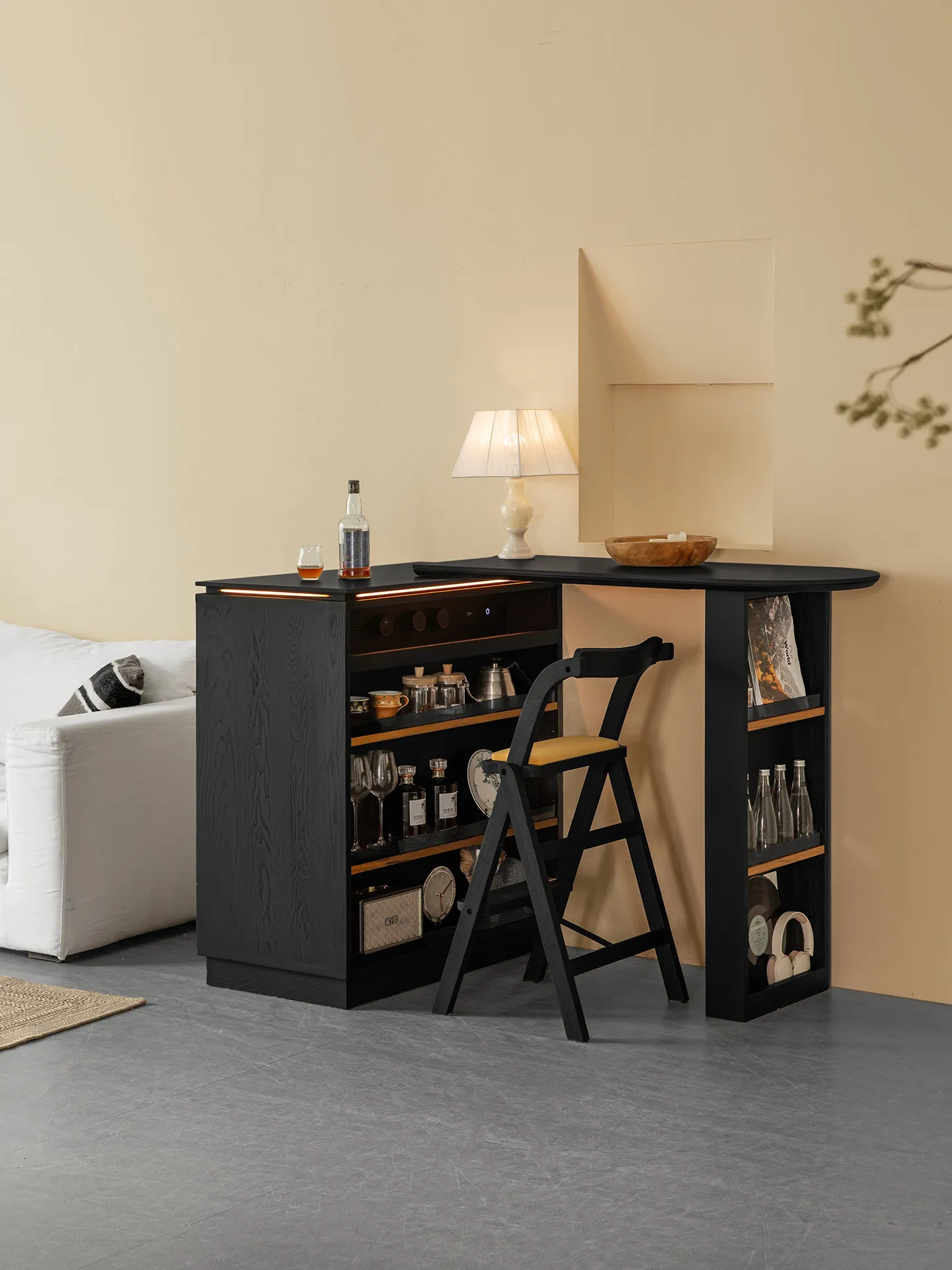 LH bar counter retractable rock slab island table teak living room sofa partition storage cabinet