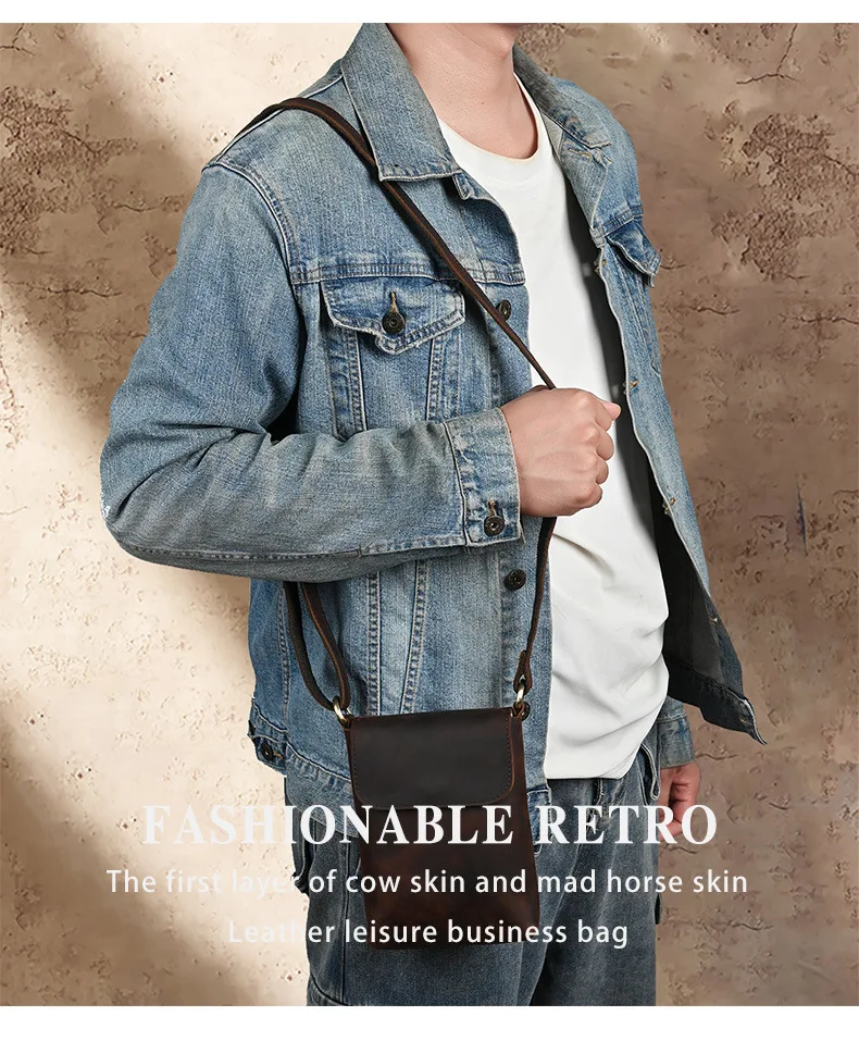 

Мужская квадратная сумка через плечо из натуральной кожи, кожаная вертикальная сумка через плечо Crazy Horse, сумка для мобильного телефона с откидным ремешком