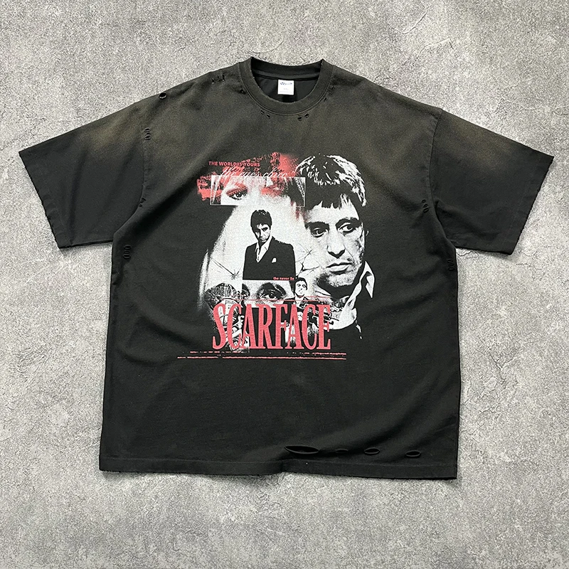 

Artiemaster Oversize круглая футболка Ne для мужчин и женщин винтажный выцветший принт ort Sve Scarface портретный повседневный летний топ