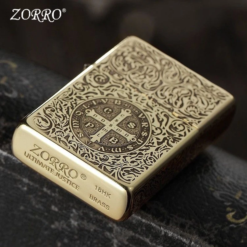 Zorro 902 Hand-carved Kerosine Lighter Golden Old-fashioned Four-sided Engraving Multi-picture Nostalgic Boyfriend Gift