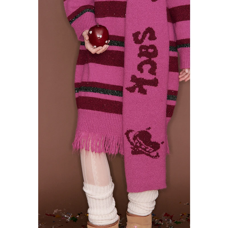 ELFSACK Women's Oversized Knit Dress with Striped Design & Fringe Hem, Matching Printed Scarf Long Sleeve Dress