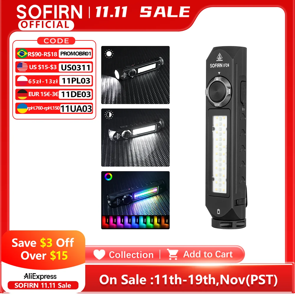 

Sofirn IF24 RGB Light SST40 2000lm Powerful LED Flashlight 5V 2A 18650 USB C Rechargeable Torch IP66 Waterproof with Magnetic