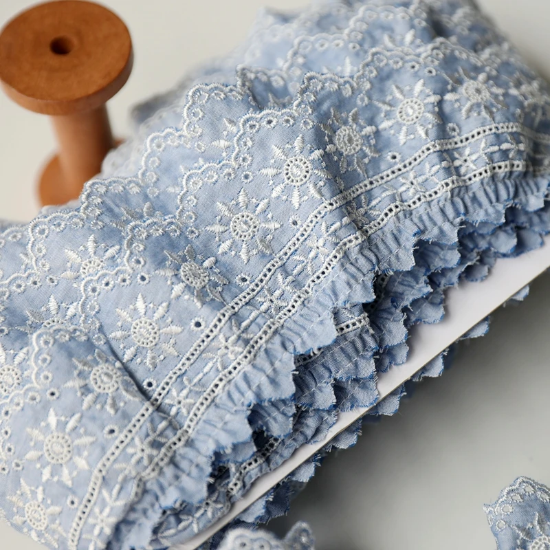 3 Meters 7cm wide Blue Imitation denim embroidered pleated Lace Trim