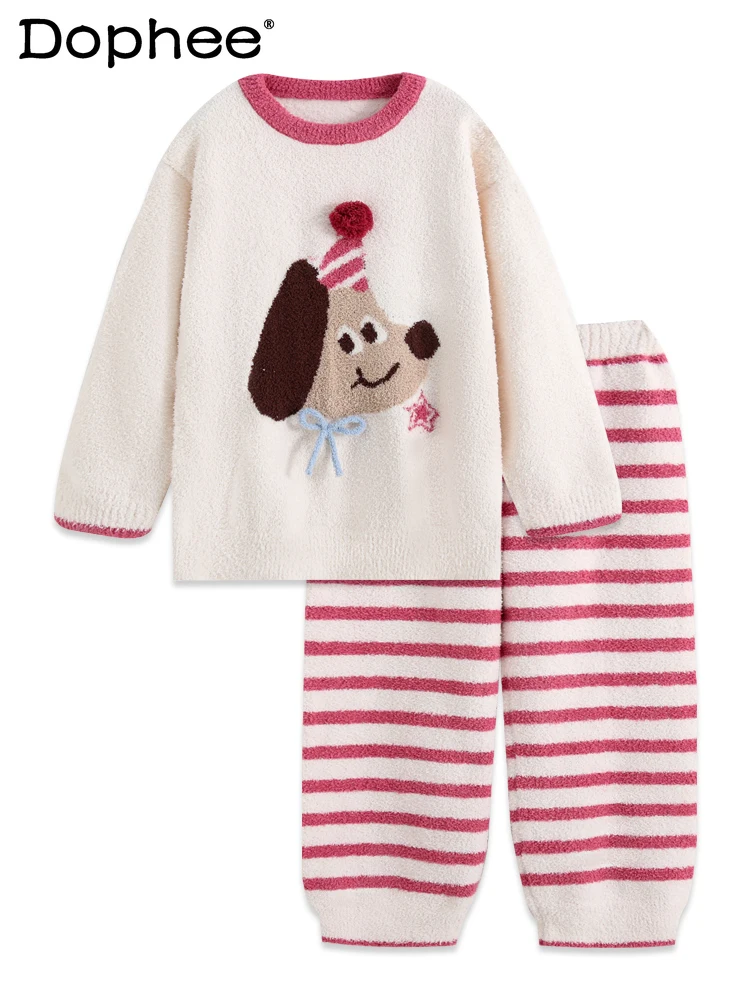 

Winter New Thin Velvet Round Neck Japanese Style Girl Pajamas Striped Thickened Warm Coral Fleece Sweet Cartoon Cute Homewear