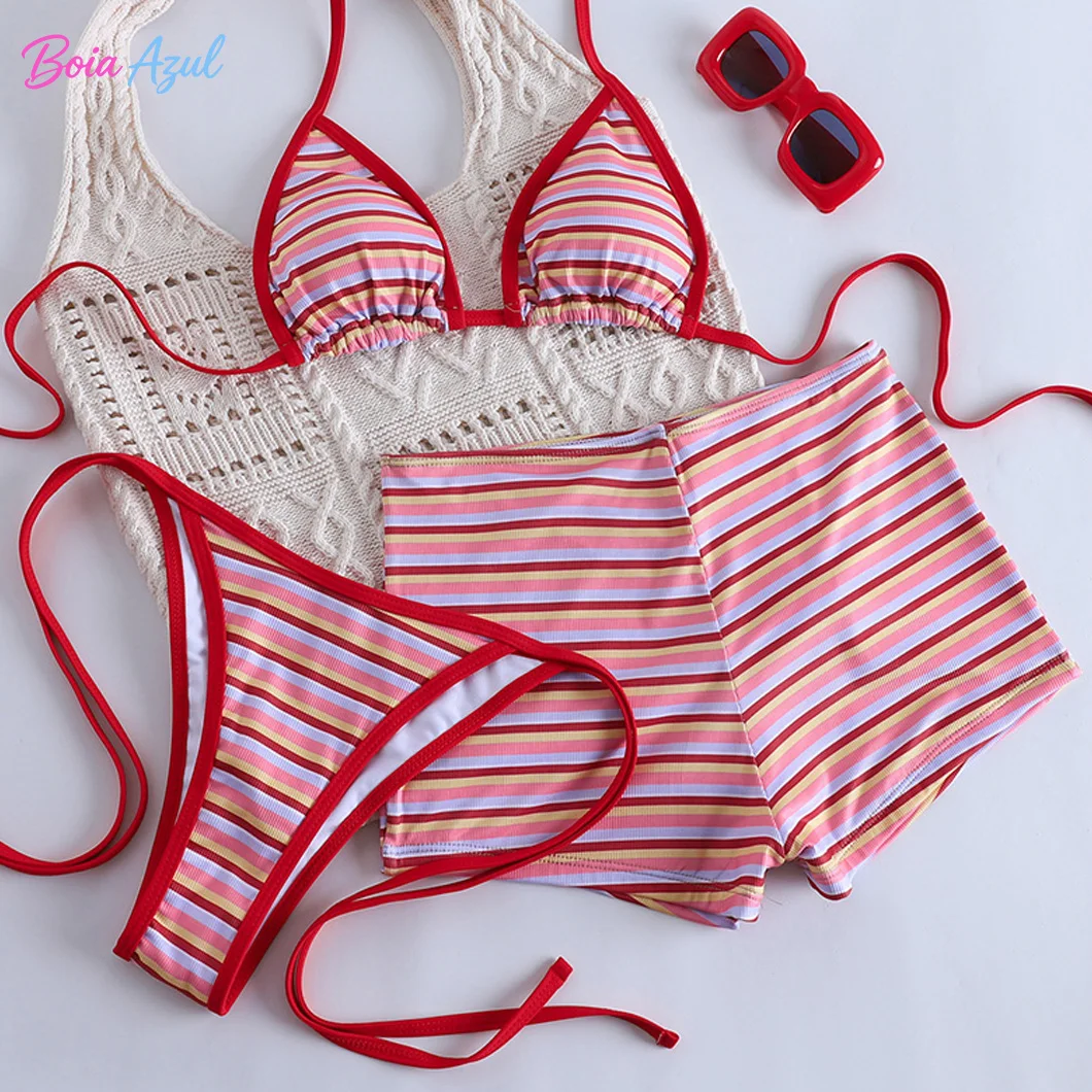 

Contrasting color strapless three-quarter bikini swimwear leopard print halter top short skirt three-piece swimwear sexy backles