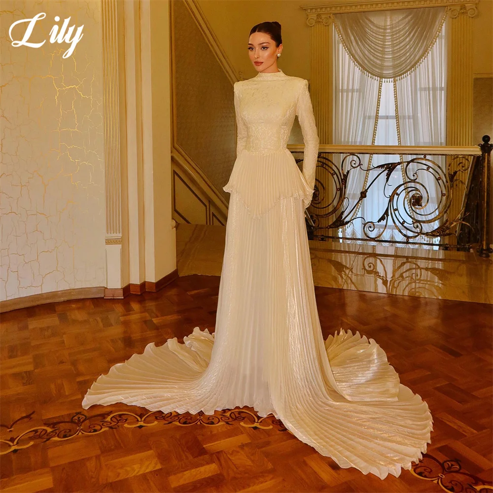 Lily Cream White Modest Bridal Formal Dress High Neck Long Sleeve Lace Bodice Prom Dress Pleated Train Wedding Dress Customized