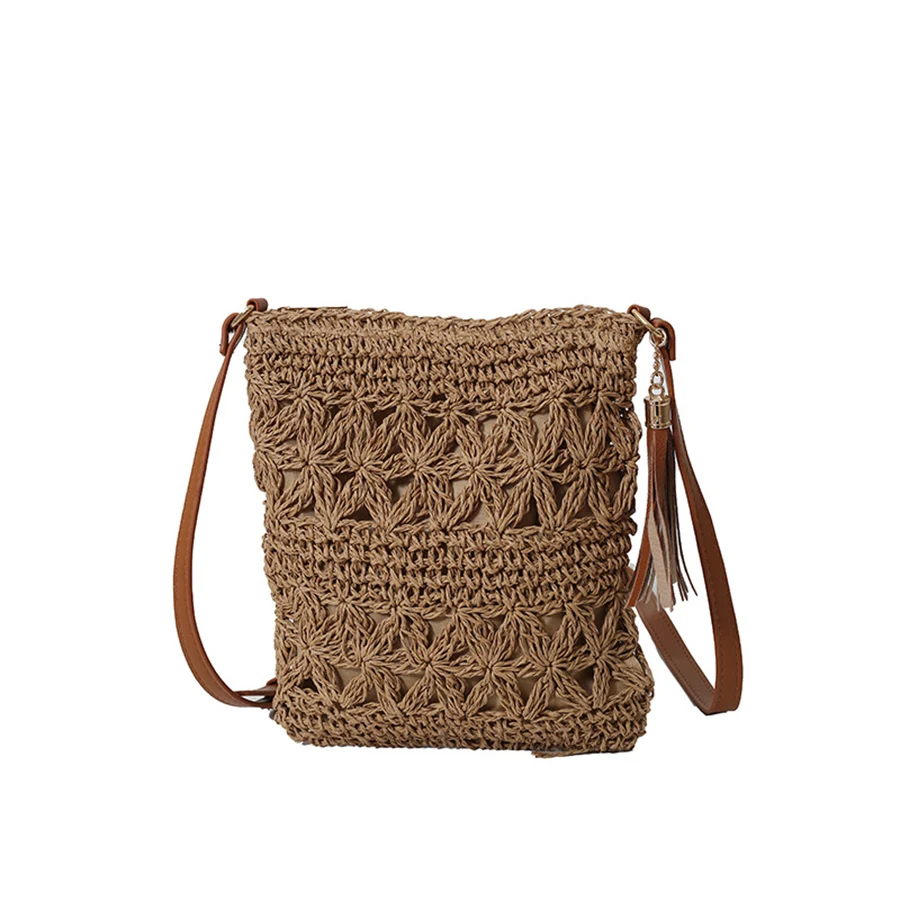 Female Vintage Crossbody Bag Straw Rope Tassel Hand-woven Travel Small Purse Women Casual Hollow Phone Pouch Streetwear Handbag