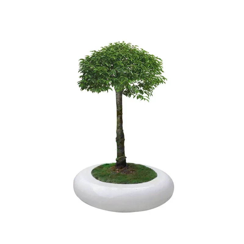 White Round Tree Pool Bench Outdoor, Flower Bed Garden Landscape Mobile Planting Box