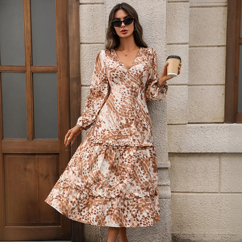 

American Autumn New Fashion 2025 Women's Elegant Printed Casual Trendy V-neck Long Sleeve Ankle Length Dresses Female Clothes