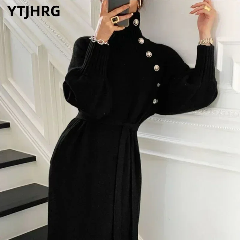 YTJHRG Dresses for Women Turtleneck Sweaters Female Clothing Long Sleeves Belt Pullovers Button Skirts 2024 New Autumn Winter