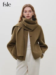 FSLE 100% Wool Camel Color Short Scarf Collar Coat For Women 89.3% Wool 10.7% Lyocell Beige Round Neck Short Female Woolen Coats