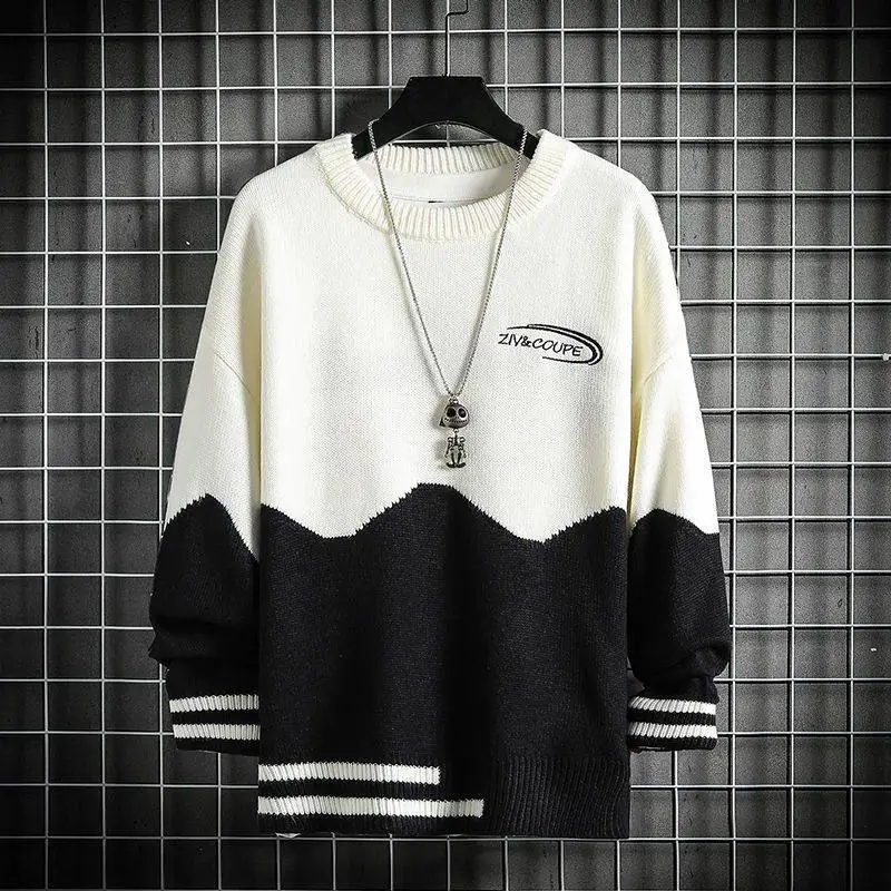 

Laid-ba Sle round Ne Knitwear Men's Autumn Winter Casual Color Blo Korean Trendy Overhead irt Loose Polyester Fiber