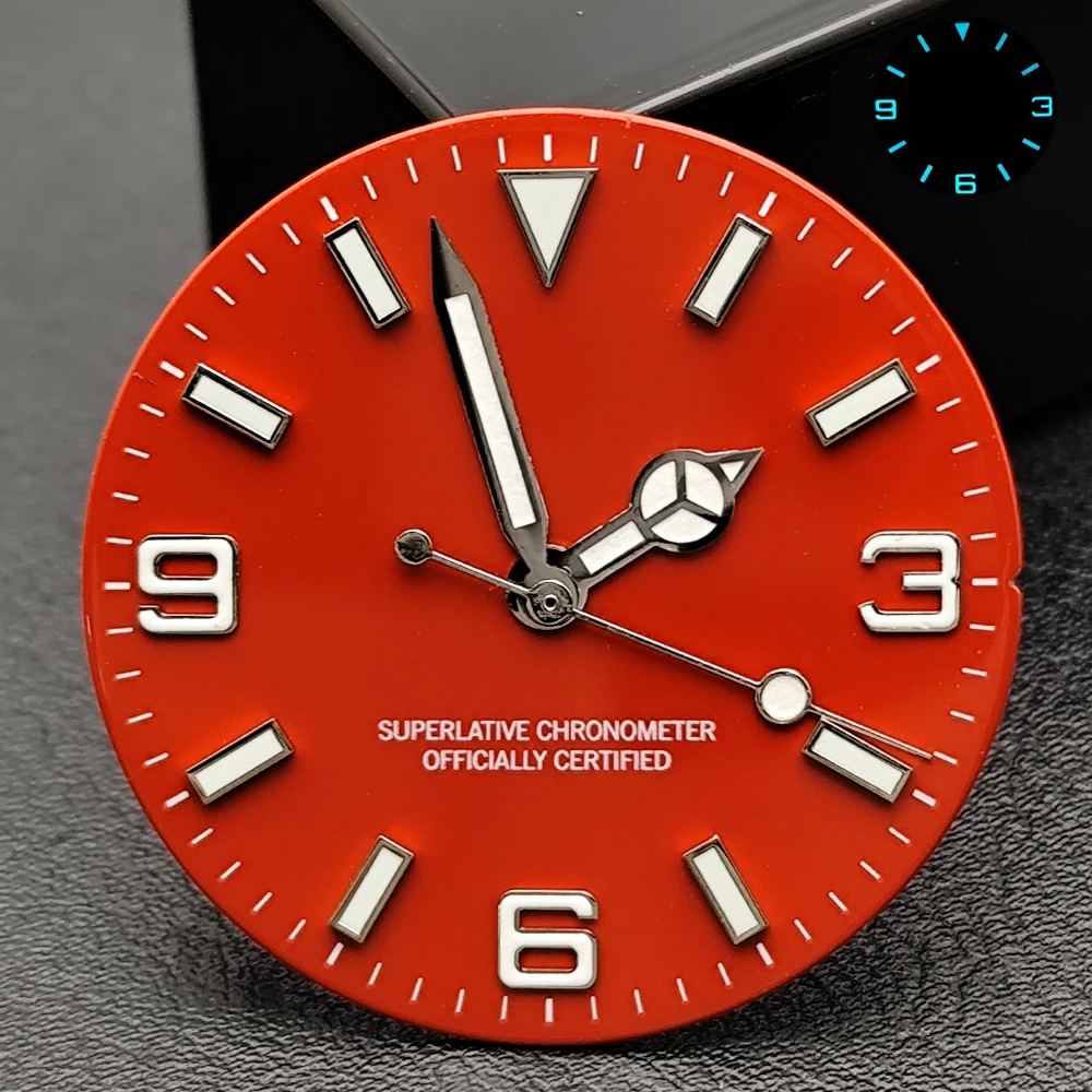 Blau-Grün Leuchtendes 28,5mm Zifferblatt ohne Datum, Zeiger mit individuellem Logo, passend für NH35 8215 2824 2836 Uhrwerke, Uhrenzubehör – Detail 9