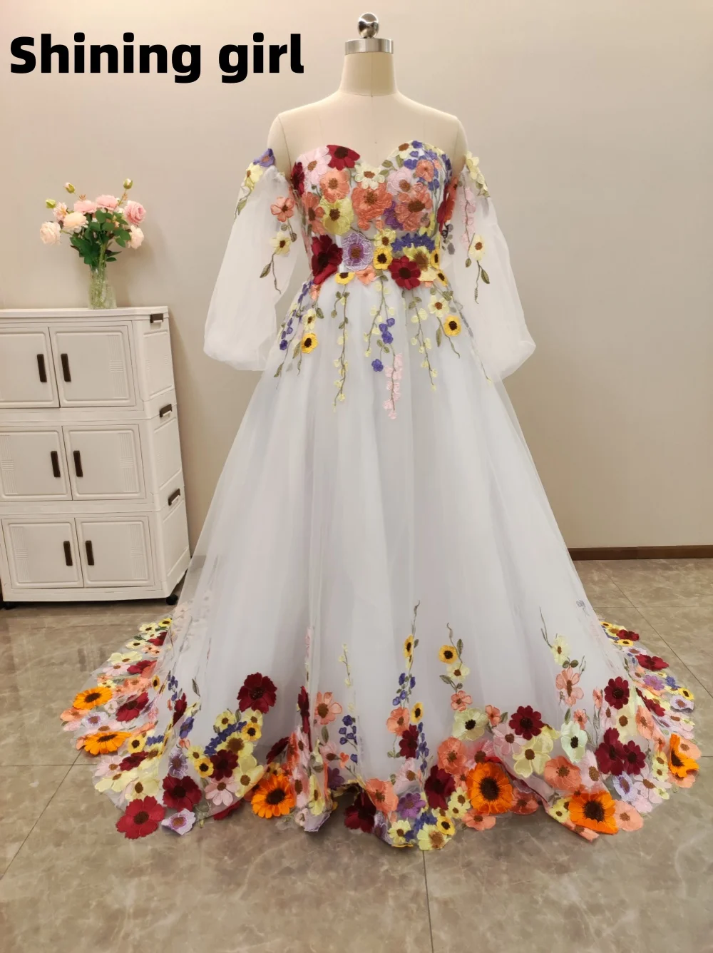 Customized New 3D Flower Puff Sleeves Bridal Dress Embroidery Floral Tulle Prom Dresses Wedding Party Dresses Vestidos De Noche