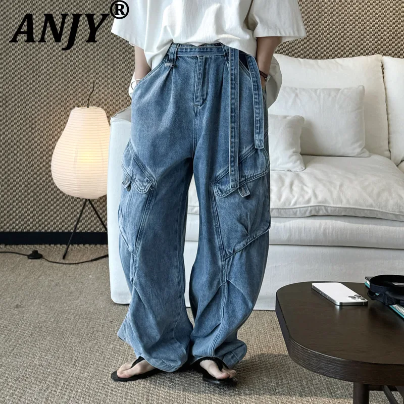 

ANJY Spring Autumn New Women American Safari Style Deconstructed Multi-Pocket Heavy Wide-Leg Jeans Loose Casual Ins Pants A22036