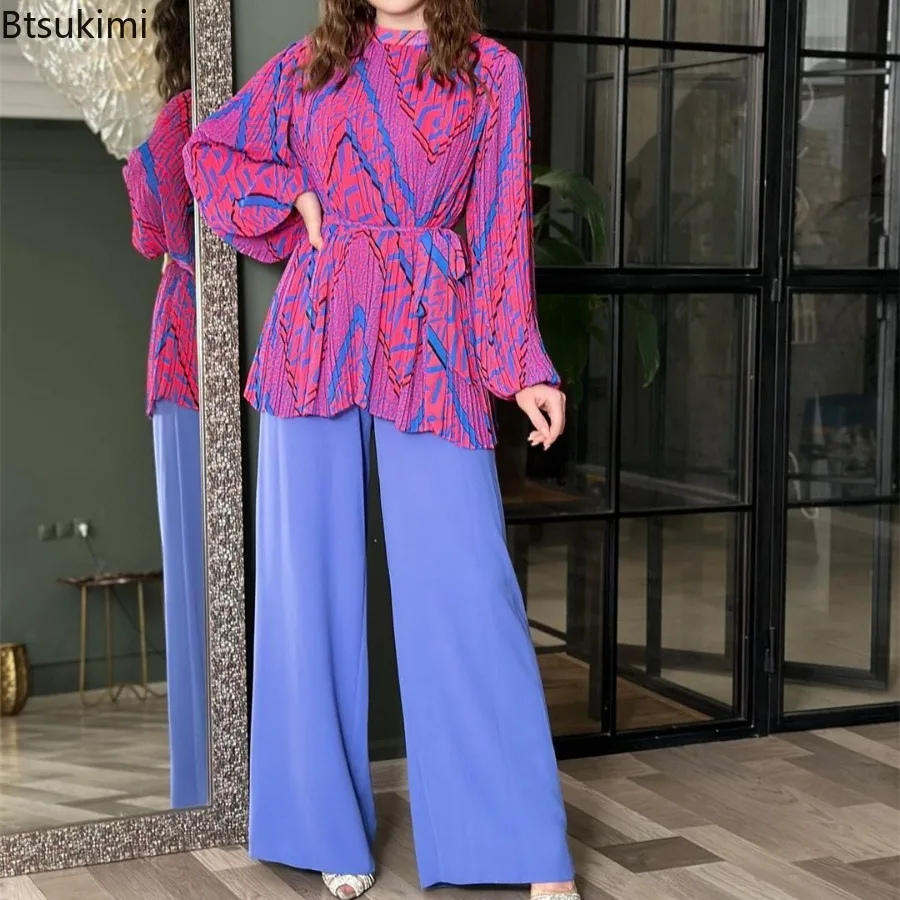 2024 Women's Loose Print Lace-up Shirt with High Waist Wide Leg Pants Two-pieces Office Ladies Temperamen Casual Suit Streetwear