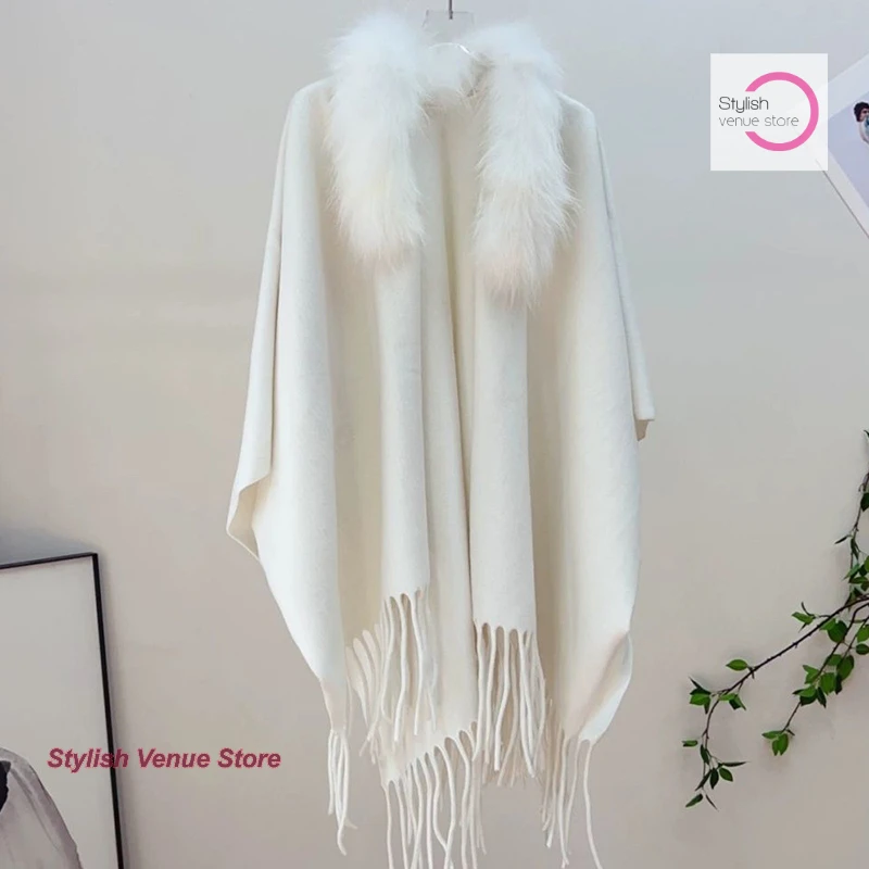 

French-style ladies' pure color fur collar imitation collar cloak women's autumn and winter tassel coat knitted casual cardigan