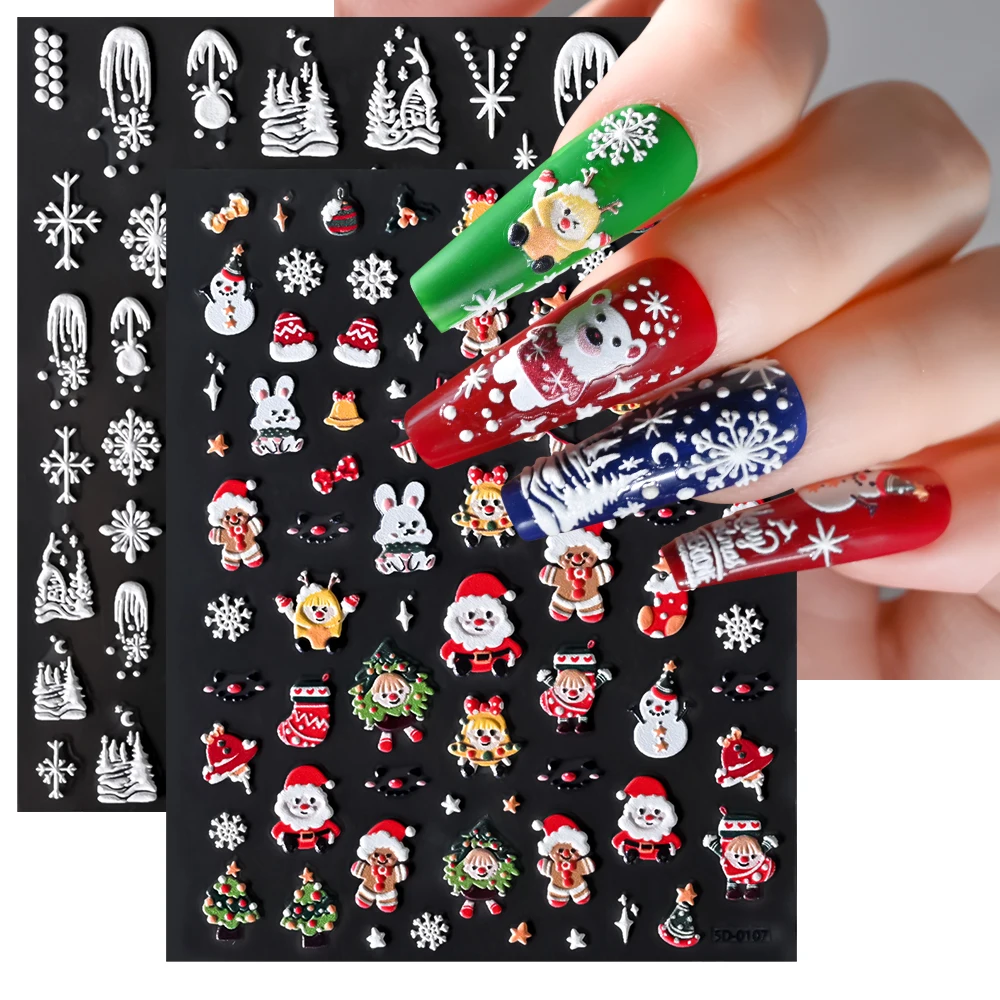 1pc 5D Embossed Santa Claus Elk Nail Art Stickers Christmas Cartoon Bear Snowman Tree Sliders New Year Xmas Manicure Decals