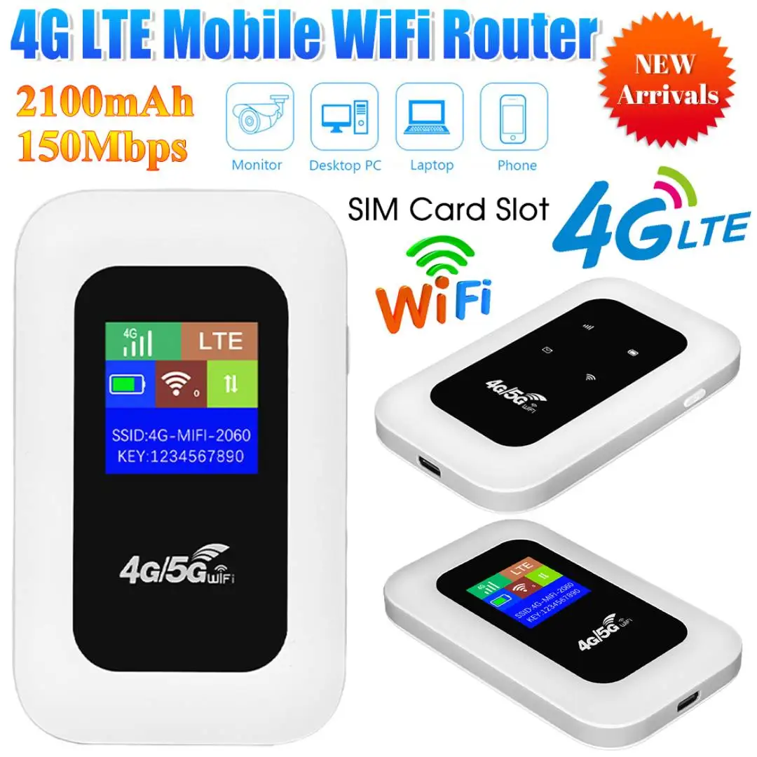 4G LTE 모바일 와이파이 라우터 (SIM 카드 슬롯 포함) 150Mbps 휴대용 와이파이 라우터 2100mAh 무선 와이파이 모뎀 (가정 및 사무실용)