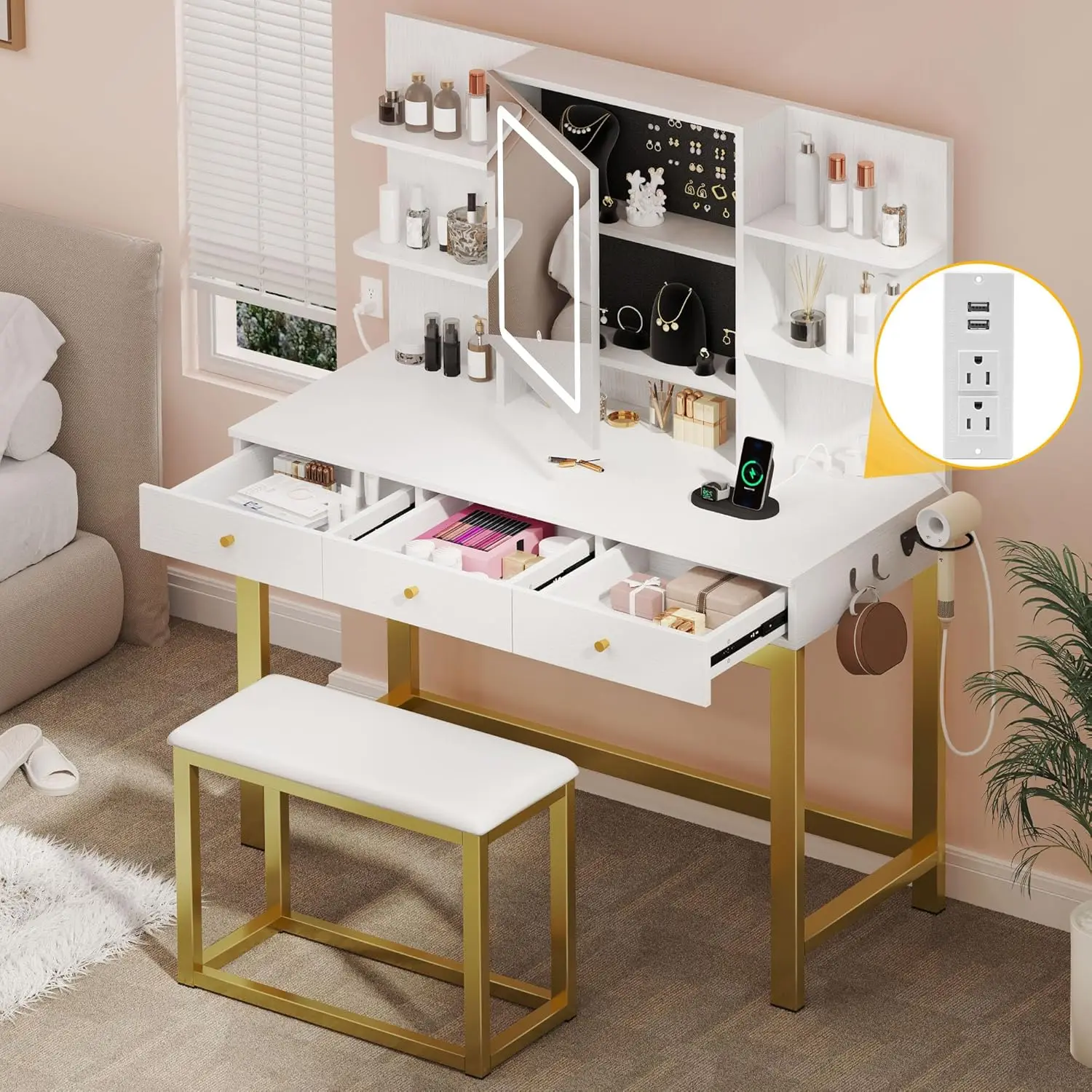 Yitahome Makeup Vanity Desk Set With Mirror And Lights & Charging Station & Makeup Stool, 3 Drawers Vanity Table With 3 Hidden