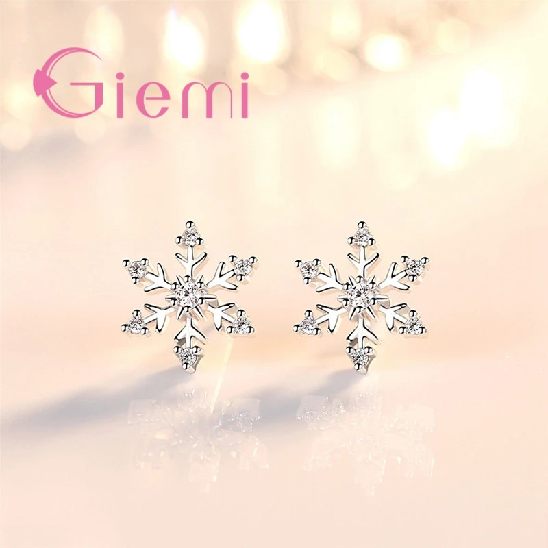 Lovely Christmas Gifts for Women Real 925 Stamped Snowflake Stud Earrings Micro Paved Crystals Sterling-Silver Jewelry