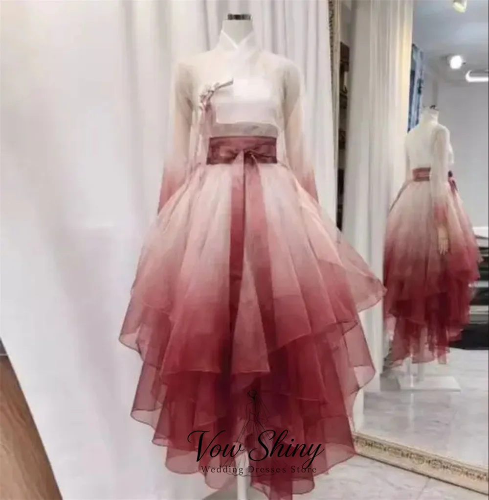 Vow Shiny Hanbok Modern Gradient Red Asymmetrical A-Line Korea Party Dress Organza Long Sleeve Reception Dress Customized