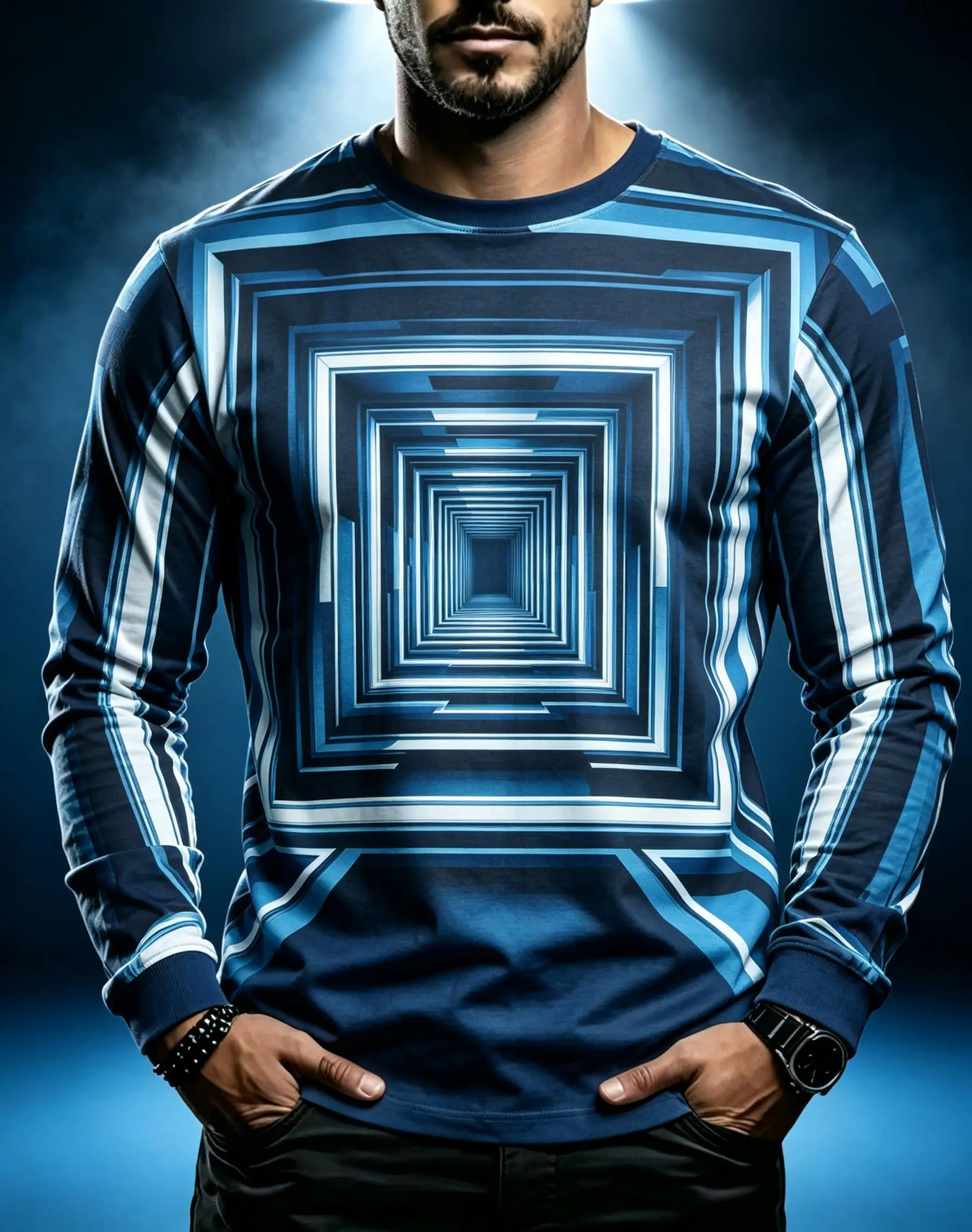 3D Infinite Square Tunnel Optical Illusion Graphic Long Sleeve Tee, Men Polyester Abstract Visual Effect Shirt