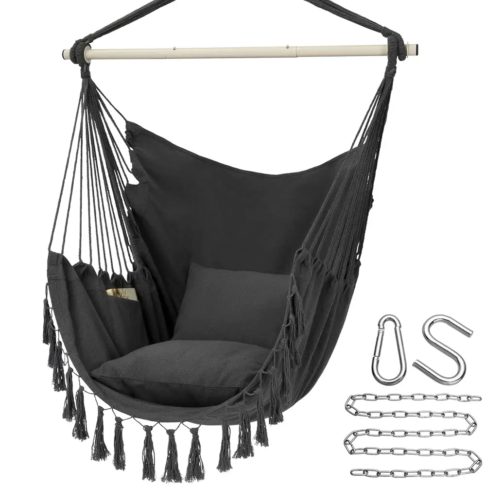 

Hammo Chair Hanging Rope Swing, Max 500 Lbs, 2 Cushions Luded, Large Rame Hanging Chair With Pocket, Cotton Weave For Superior