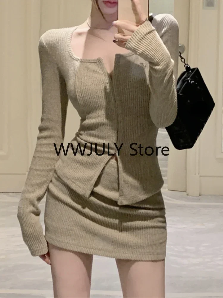 2023 Autumn Sexy 2 Piece Dress Set Elegan Casual Long Sleeve Knitted Suits Y2k Crop Tops + Bodycon High Waist Mini Skirt Korean