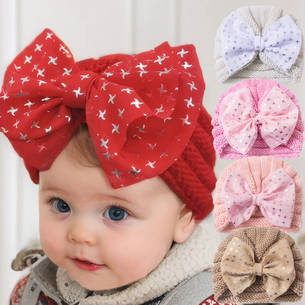 

Cute Crochet Bow Baby Turban Hat Infant Soft Elastic Beanies Caps Warm Winter Baby Girls wool Knit Bonnet Hats for Kids Headwear